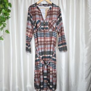 BloomChic Women's Plaid Button Down Stretch Dress Belted Long Sleeve 18-20 / 2X
